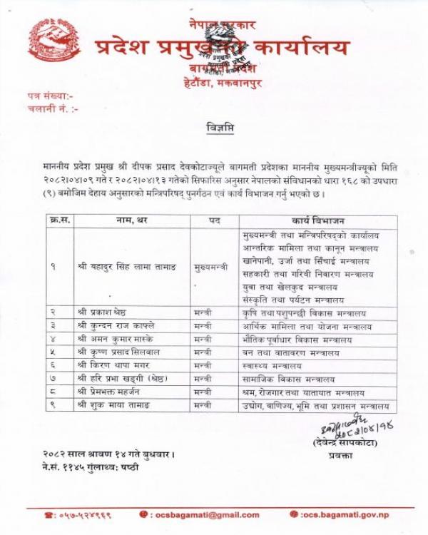 मन्त्रिपरिषद् पुनर्गठन एवं कार्य विभाजन